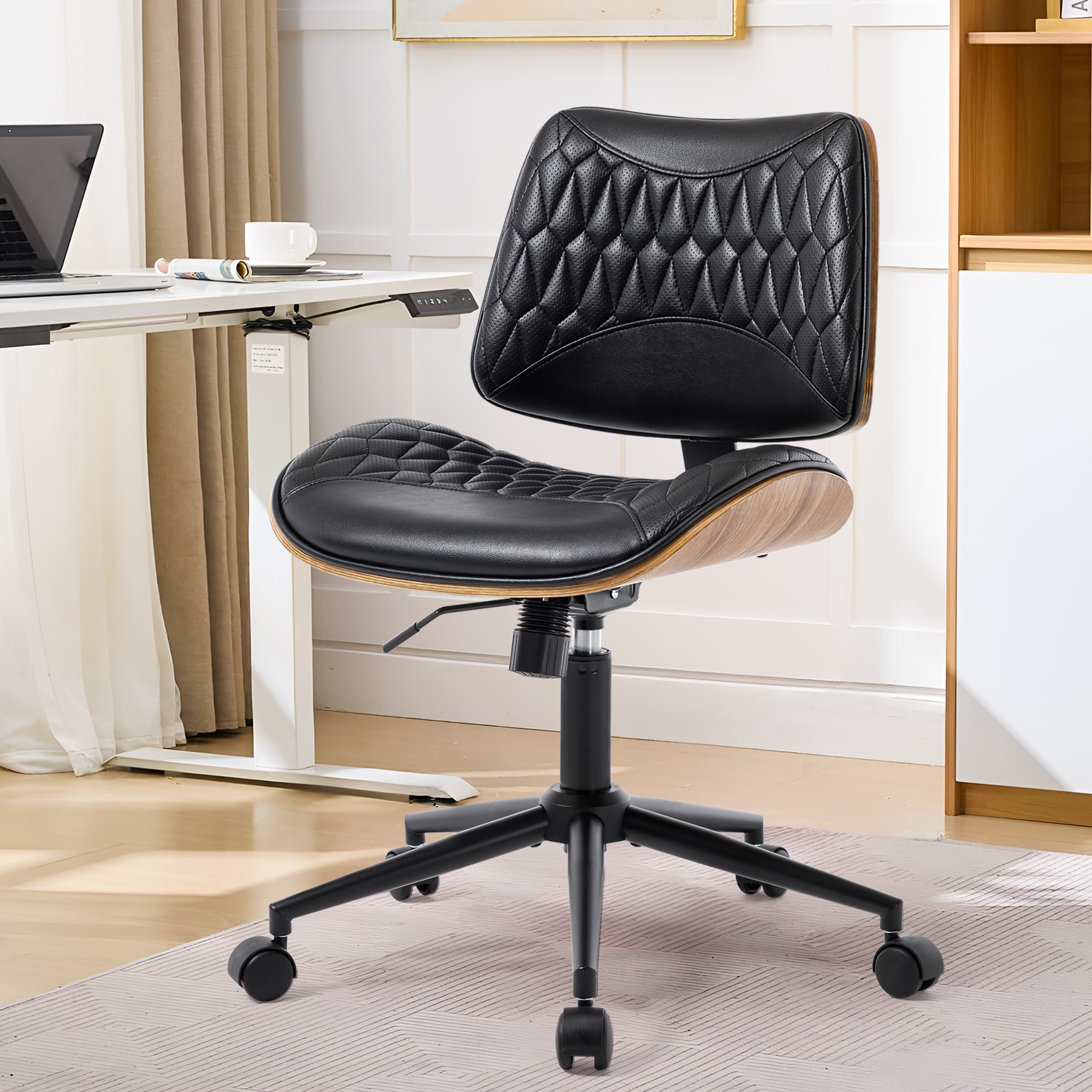Armless Office Chair With Wheels, Adjustable Height Mid Back Small Desk Chair, Modern Walnut Bentwood Back, PU Leather Swivel Rolling Computer Task Chair For Home Office, Meeting Room, Study, Set Of 1_voghion.com